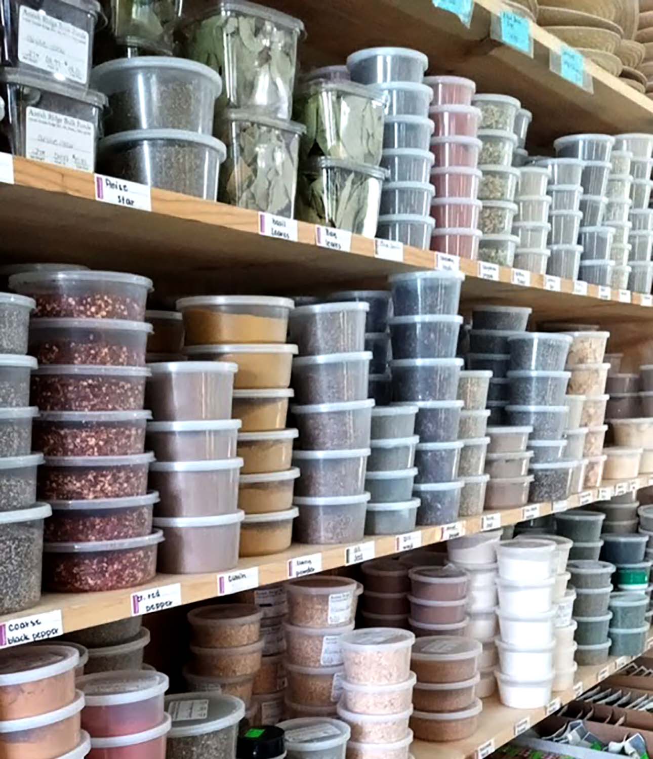 Tall shelving filled with packaged bulk foods at Amish Ridge Bulk Foods & Variety Store in Somerset, Perry County, Ohio