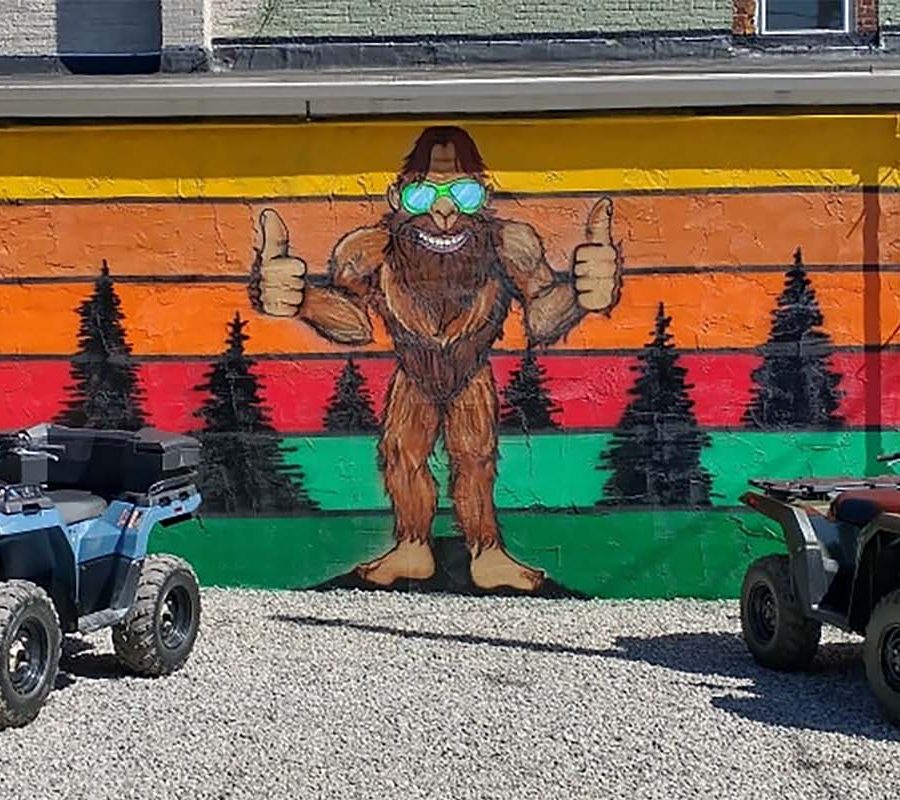 Bigfoot Adventures painted mural of Bigfoot in New Straitsville, Perry County, Ohio.