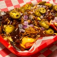 Loaded nachos with brisket at Champ's Pizza in Thornville, Perry County, Ohio.