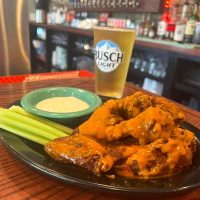 Wings with celery and blue cheese dip at Champ's Pizza in Thornville, Perry County, Ohio.