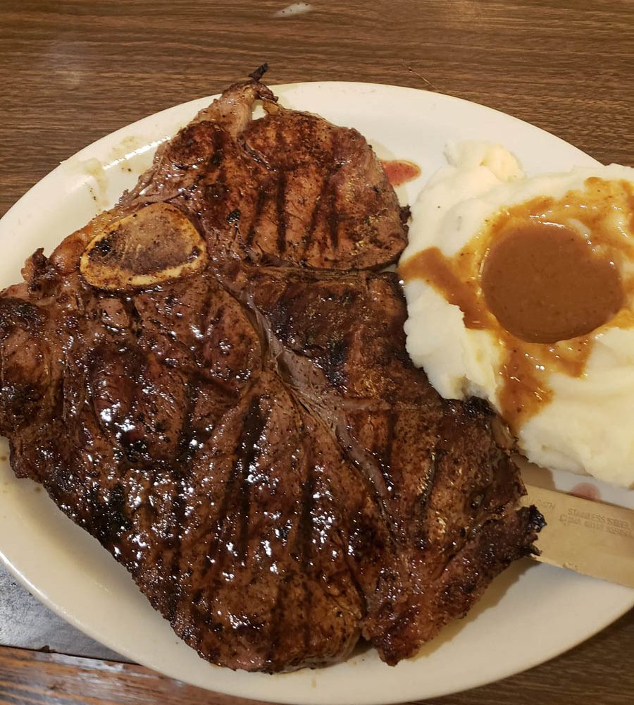 Juicy cooked steak with mashed potatoes at The Clay Haus restaurant in Somerset, Perry County, Ohio