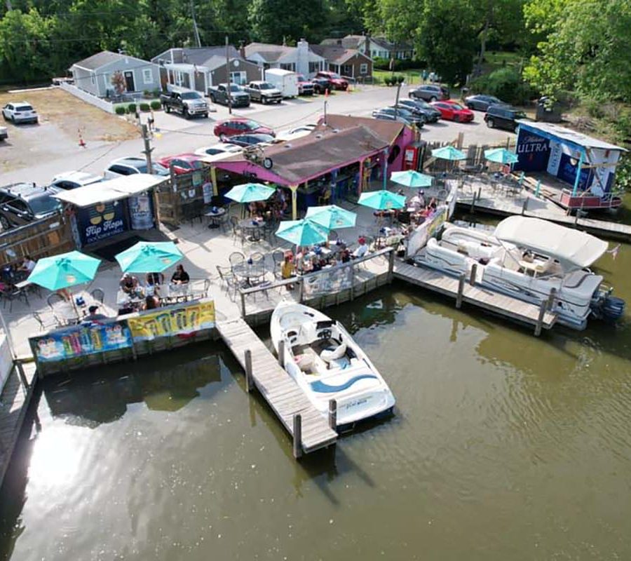 Aerial view of The Copper Penny and docks in Thornville at Buckeye Lake, Perry County, Ohio.