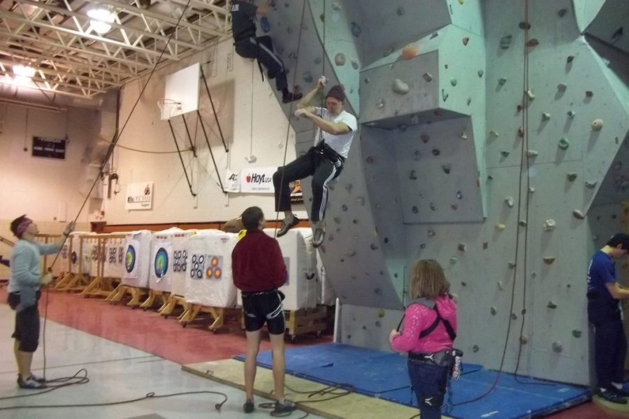 Climbers on the climbing wall at the Crooksville Recreation Center in Perry County, Ohio.