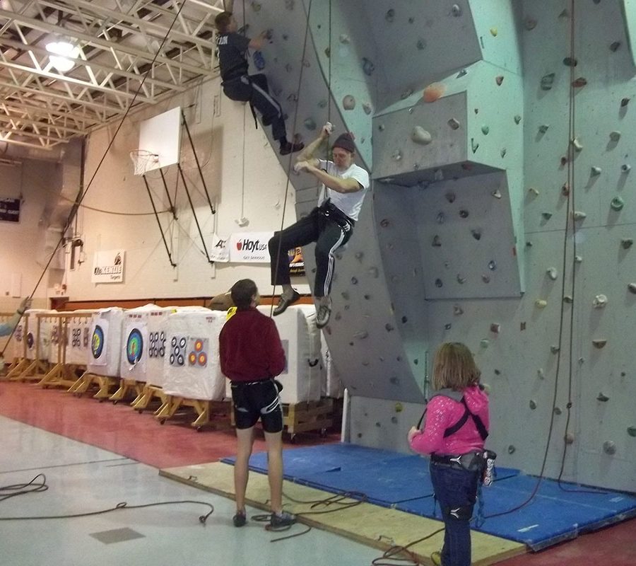 Climbers on the climbing wall at the Crooksville Recreation Center in Perry County, Ohio.