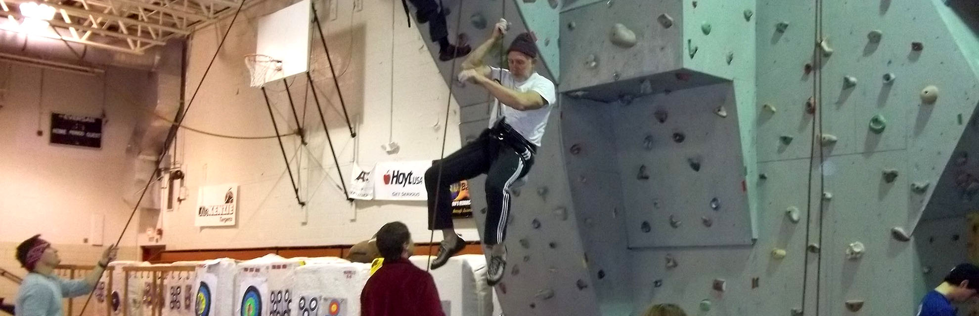 Climbers on the climbing wall at the Crooksville Recreation Center in Perry County, Ohio.