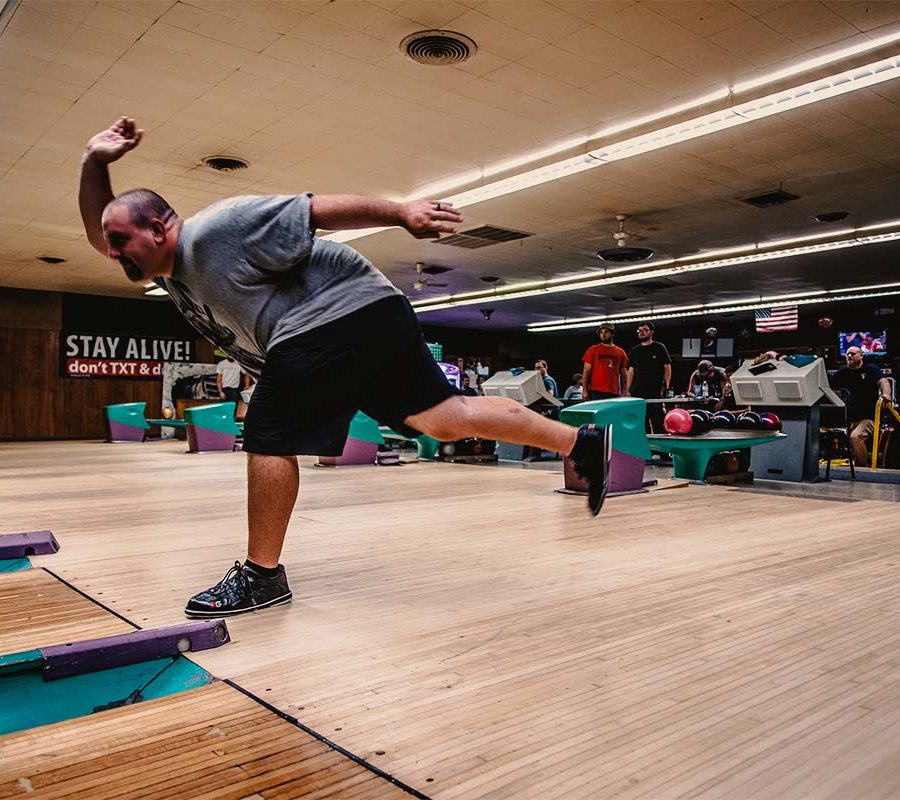 Man bowling at Fiore's Restaurant & Bowling in New Lexington, Perry County, Ohio.