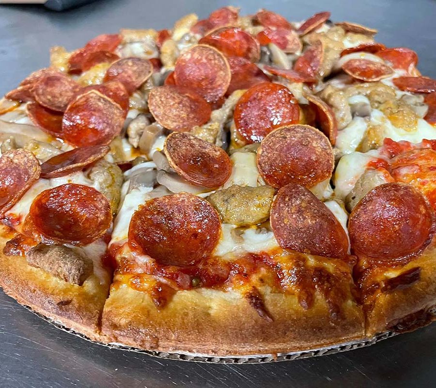 Pepperoni Mushroom Pizza at Firehouse Pizza in Thornville, Perry County, Ohio.