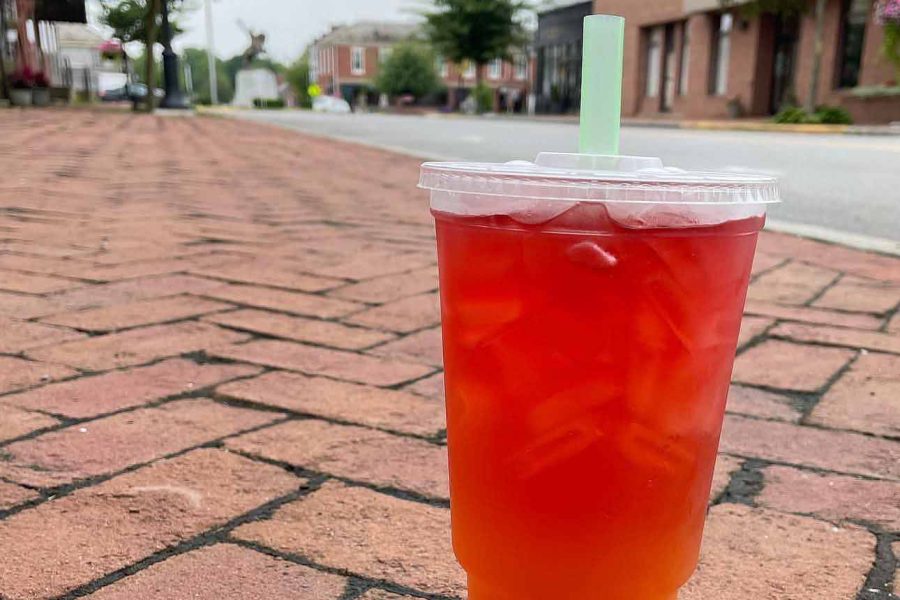 Beverage sitting on sidewalk outside Generally Fit, a smoothie, tea and coffee shop in Somerset, Perry County, Ohio.