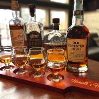 Bourbon tasting flight on bar at Horvath's Harbor in Thornville, Perry County, Ohio.