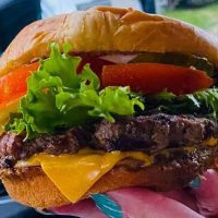 Close-up of burger at Horvath's Harbor in Thornville, Perry County, Ohio.