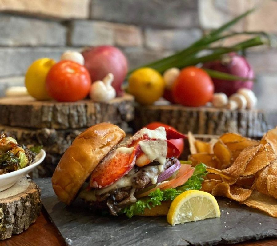 Plated burger and chips at Horvath's Harbor in Thornville, Perry County, Ohio.