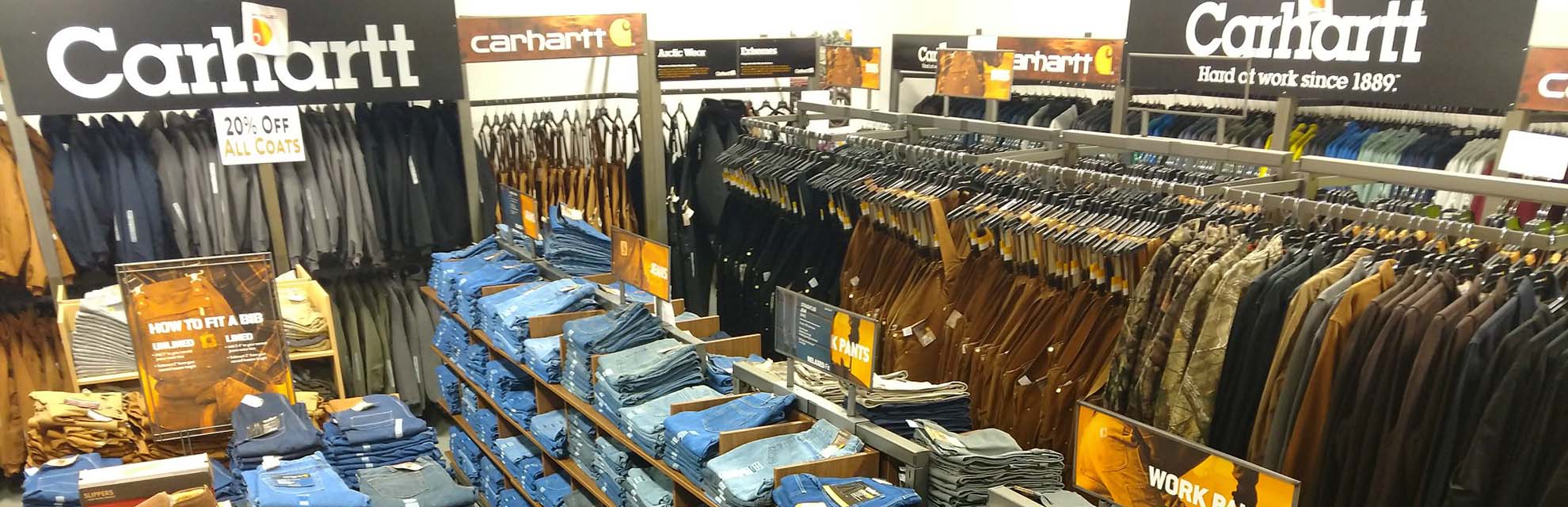 Carhartt clothing displays inside Lake's End Special T's in Thornville, Perry County, Ohio.