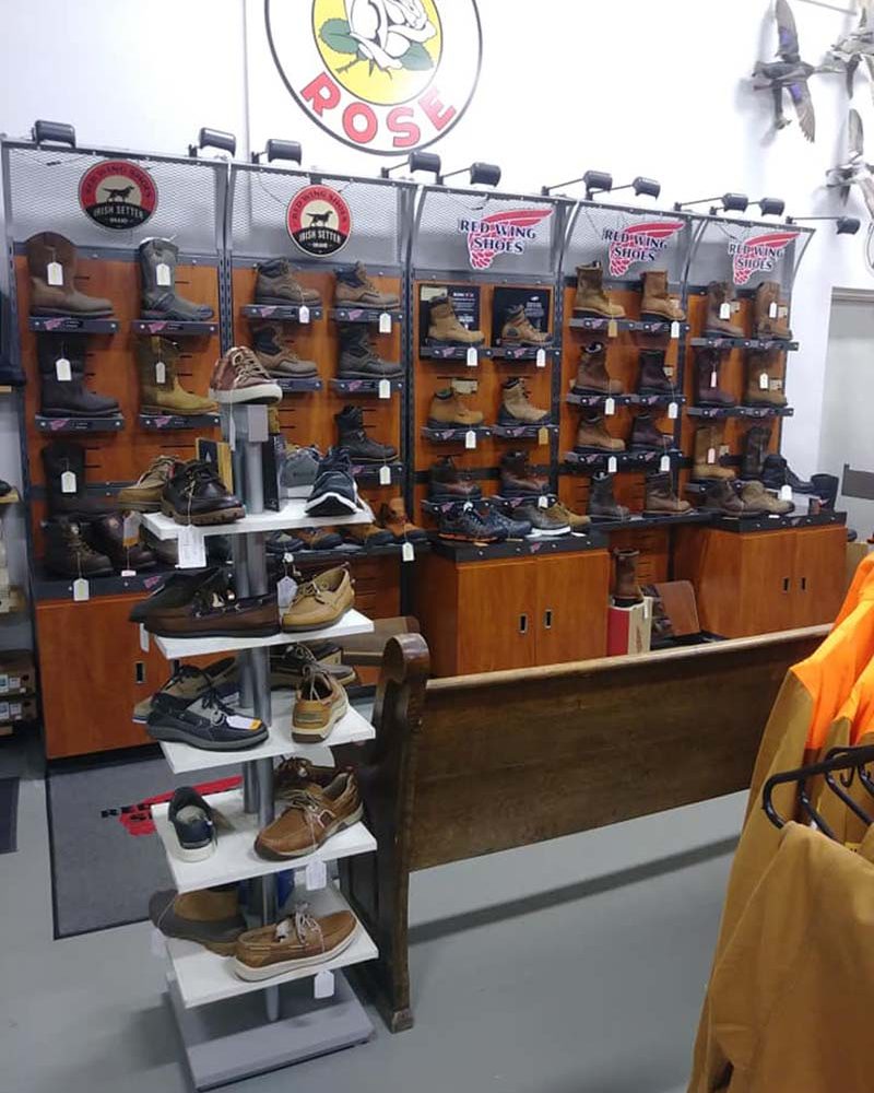 Hiking and work boot display inside Lake's End Special T's in Thornville, Perry County, Ohio.