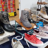 Sperry boots and shoe display inside Lake's End Special T's in Thornville, Perry County, Ohio.