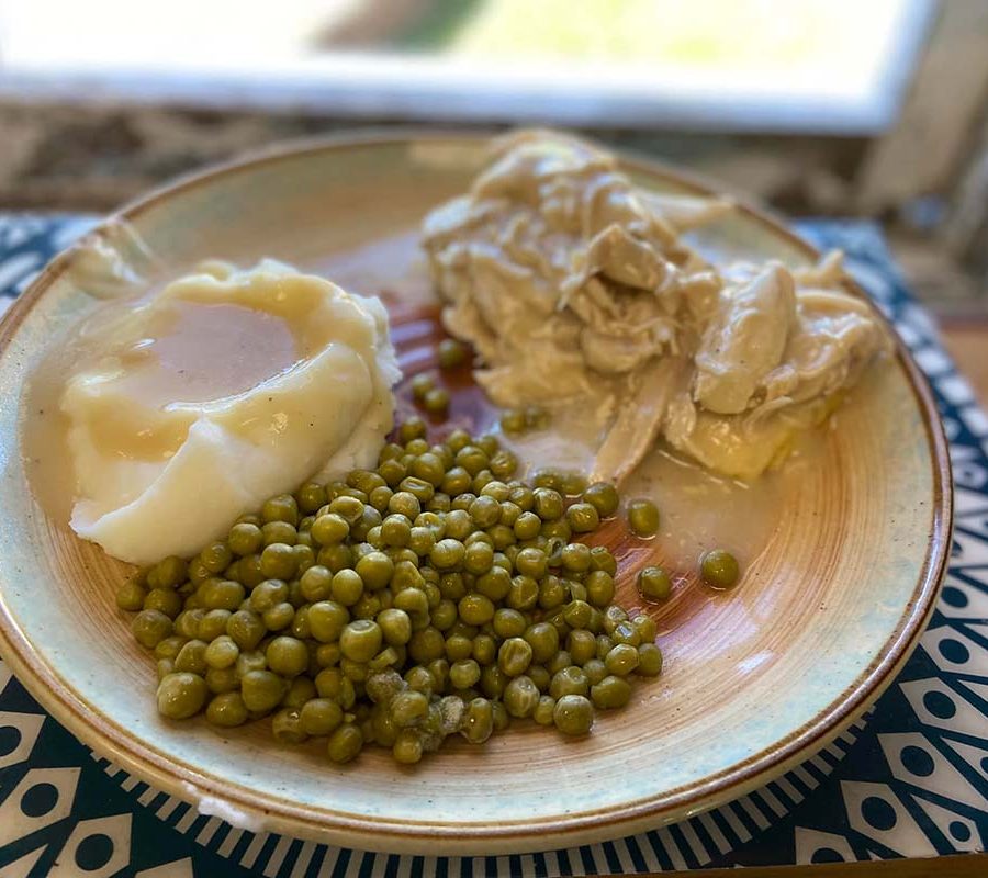 Chicken and mashed potatoes, peas and gravy lunch at Luncheon Muncheon in Crooksville, Perry County, Ohio.