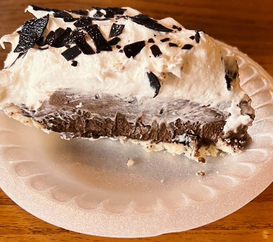 Slice of chocolate cream pie with whipped cream topping and chocolate shavings from Peach's Place Family Restaurant in Crooksville, Perry County, Ohio