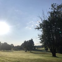 Daybreak on rolling greens with trees at Perry Country Club, New Lexington, Perry County, Ohio.