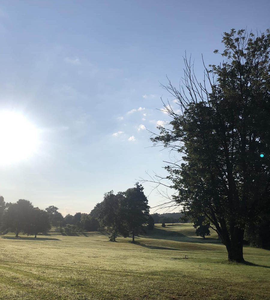 Daybreak on rolling greens with trees at Perry Country Club, New Lexington, Perry County, Ohio.