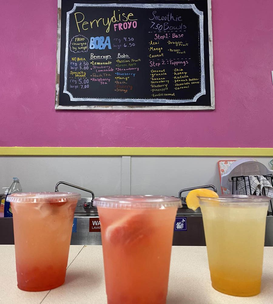 Three lemonade beverages on the counter at Perrydise Frozen Yogurt in Somerset, Perry County, Ohio