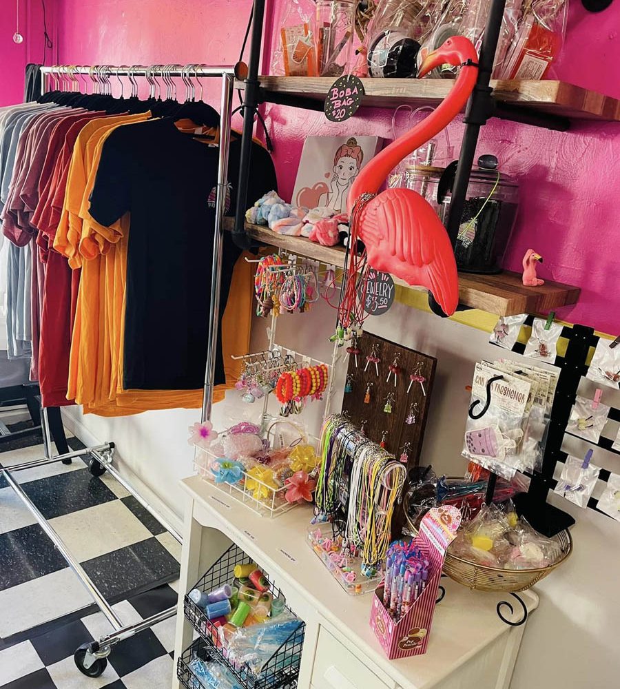 Retail display of t-shirts, jewelry at Perrydise Frozen Yogurt in Somerset, Perry County, Ohio