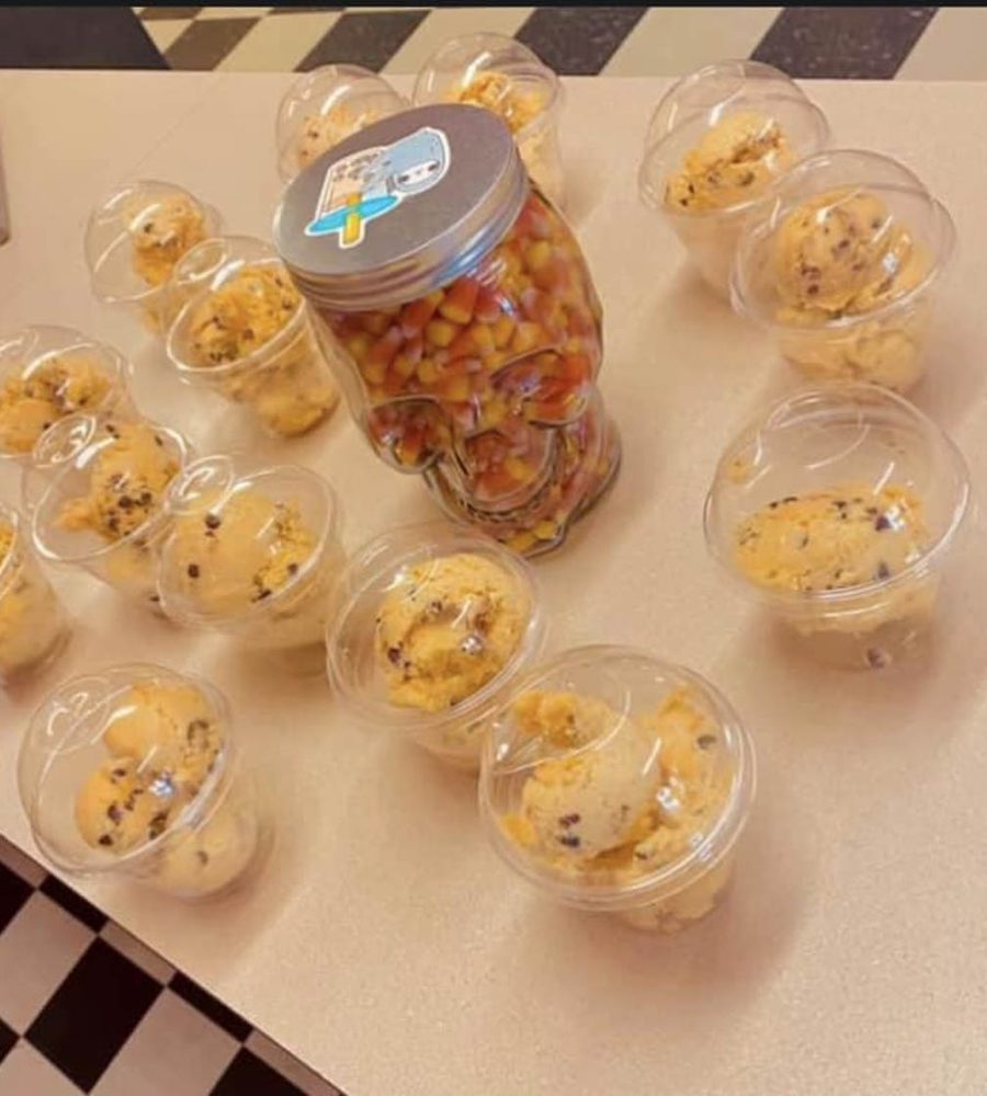 Several cups of frozen yogurt on counter at Perrydise Frozen Yogurt in Somerset, Perry County, Ohio