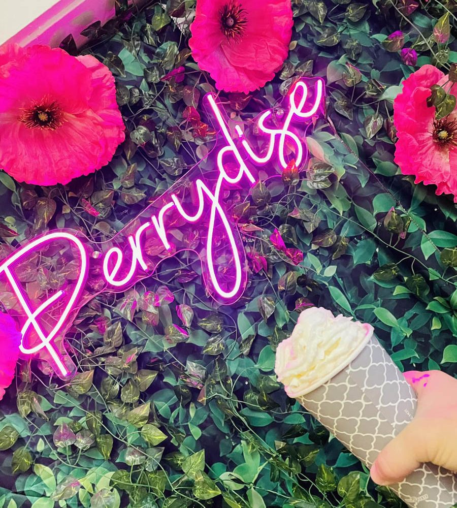 Pink neon Perrydise scripted sign on flower wall at Perrydise Frozen Yogurt in Somerset, Perry County, Ohio