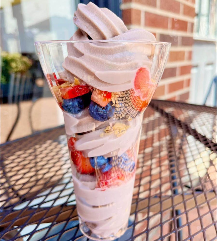 Tall strawberry frozen yogurt with fresh berries at Perrydise Frozen Yogurt in Somerset, Perry County, Ohio