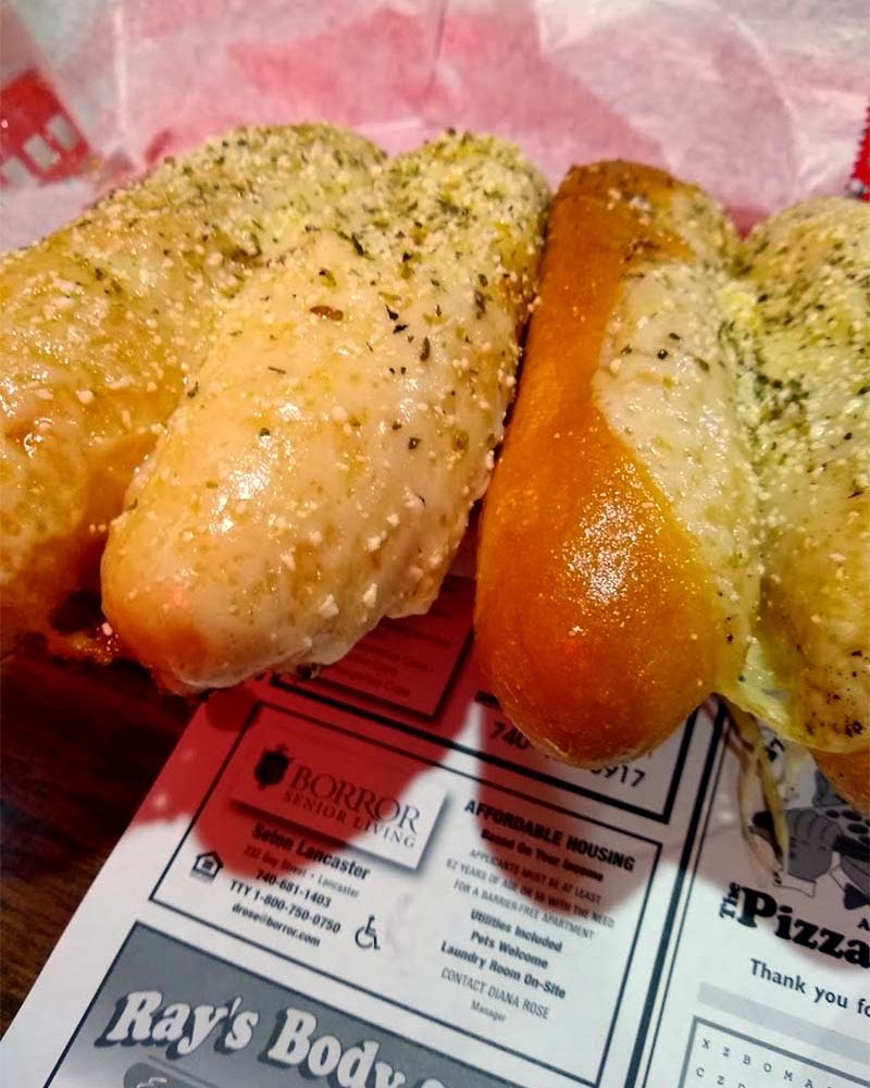 Garlic breadsticks at The Pizza Place in New Lexington, Perry County, Ohio.
