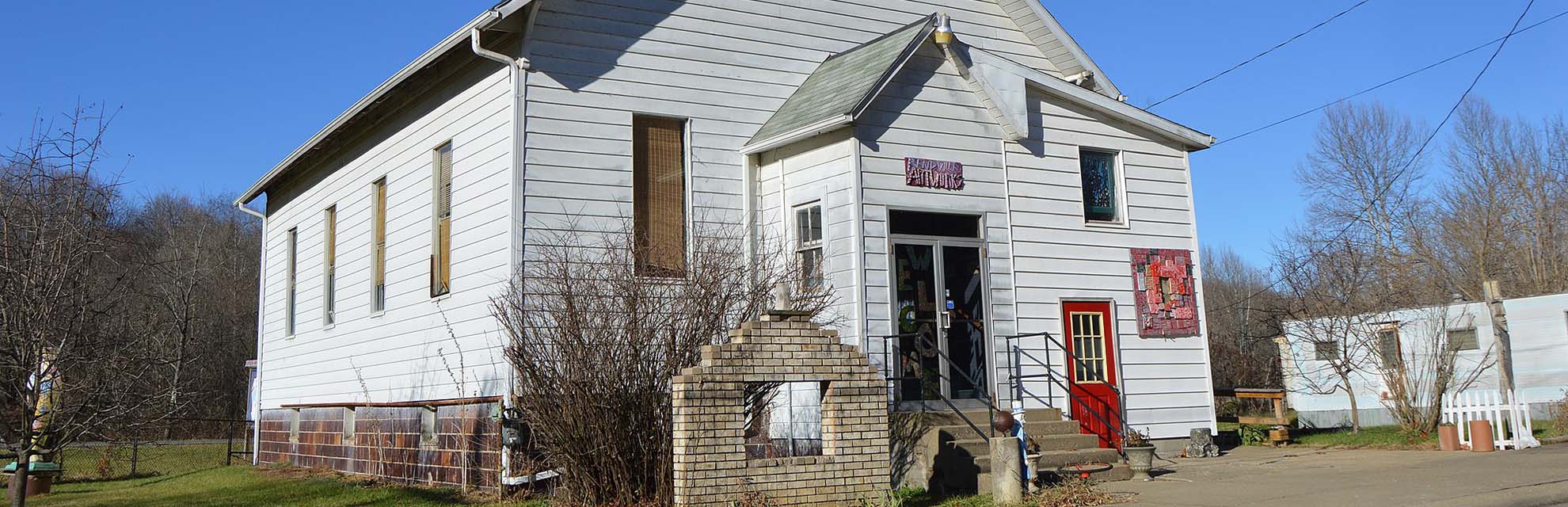 Exterior of Rendville Artworks on a sunny day in Rendville, Perry County, Ohio