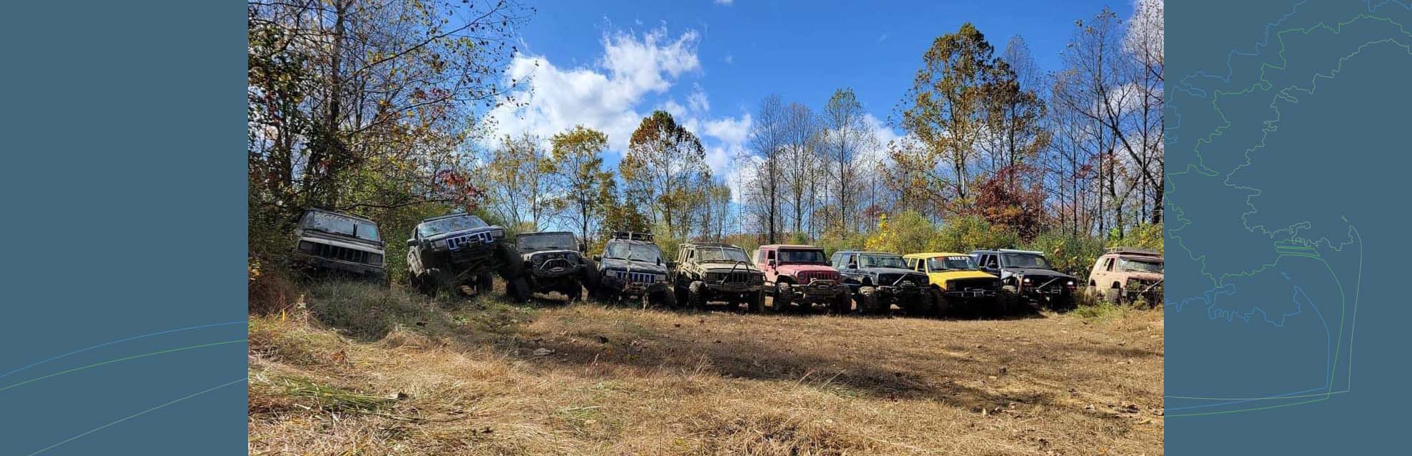 Row of recreational vehicles lined up for open ride at Scenic Trails Recreational Land in Perry County, Ohio.