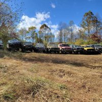 Recreational vehicles lined up in field at Scenic Trails Recreational Land in Perry County, Ohio.