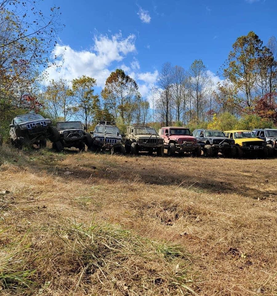 Recreational vehicles lined up in field at Scenic Trails Recreational Land in Perry County, Ohio.