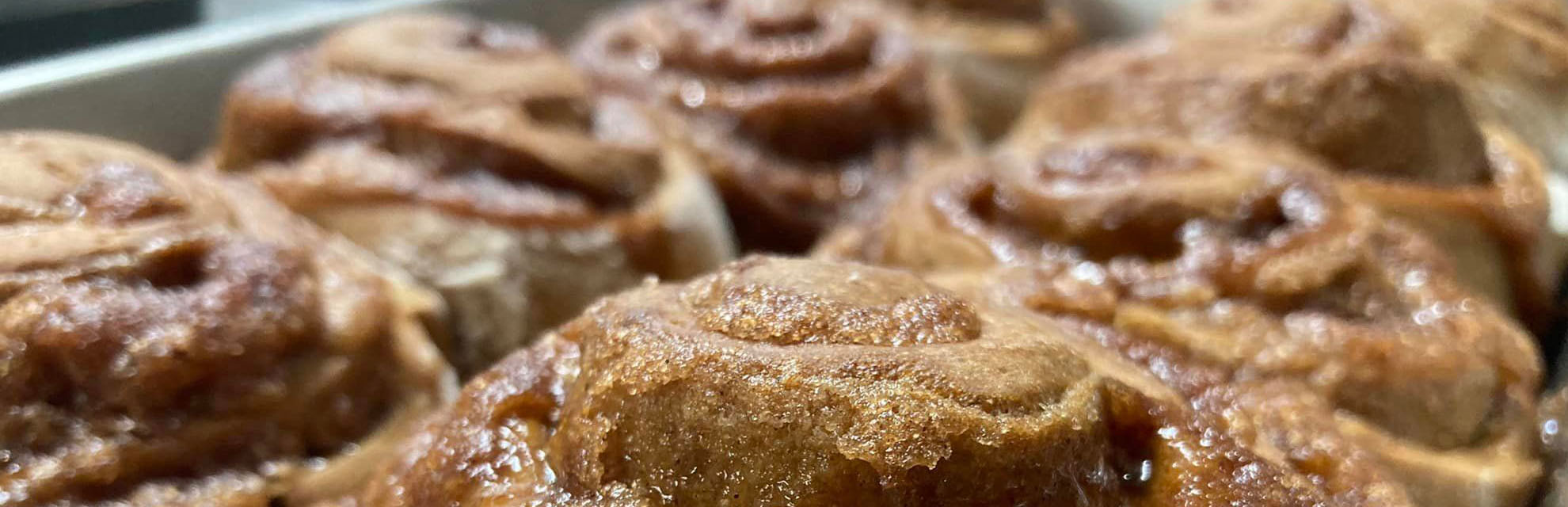 Tray of fresh cinnamon rolls from Shannon's Pit Stop in Thornville, Perry County, Ohio