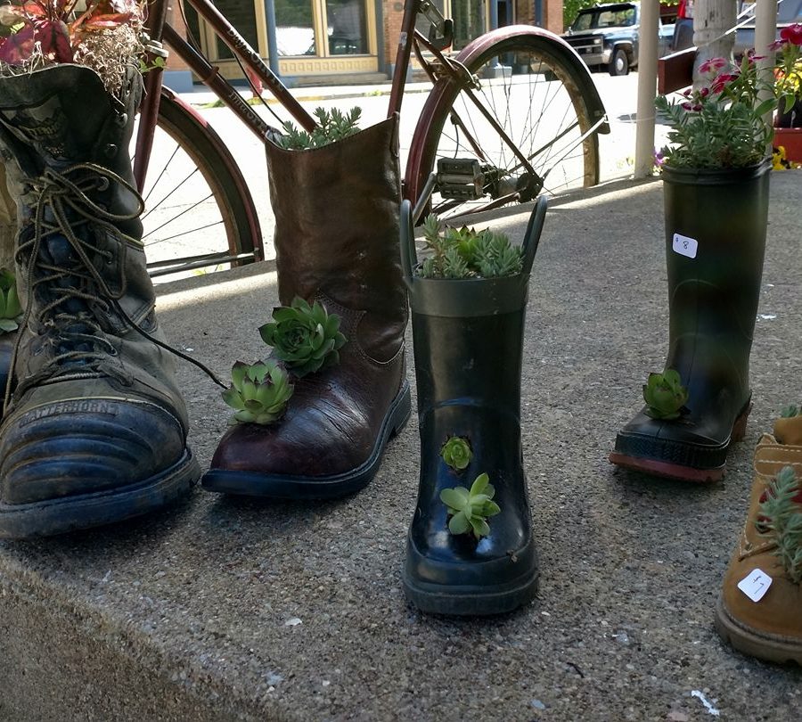 Shawnee Mercantile boot planters on display in Shawnee, Perry County, Ohio