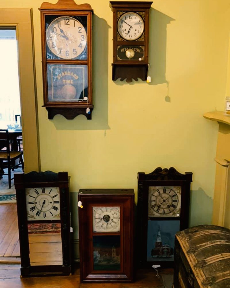 Antique clocks on display at Somerset Art & Antiques in Somerset, Perry County, Ohio.