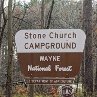 Signage for Stone Church Campground inside the Wayne National Forest near Shawnee, Perry County, Ohio.