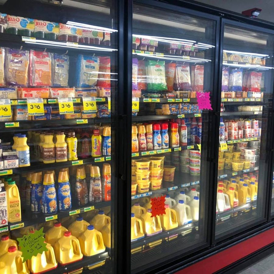 Dairy cases at TC Market in Thornville, Perry County, Ohio.