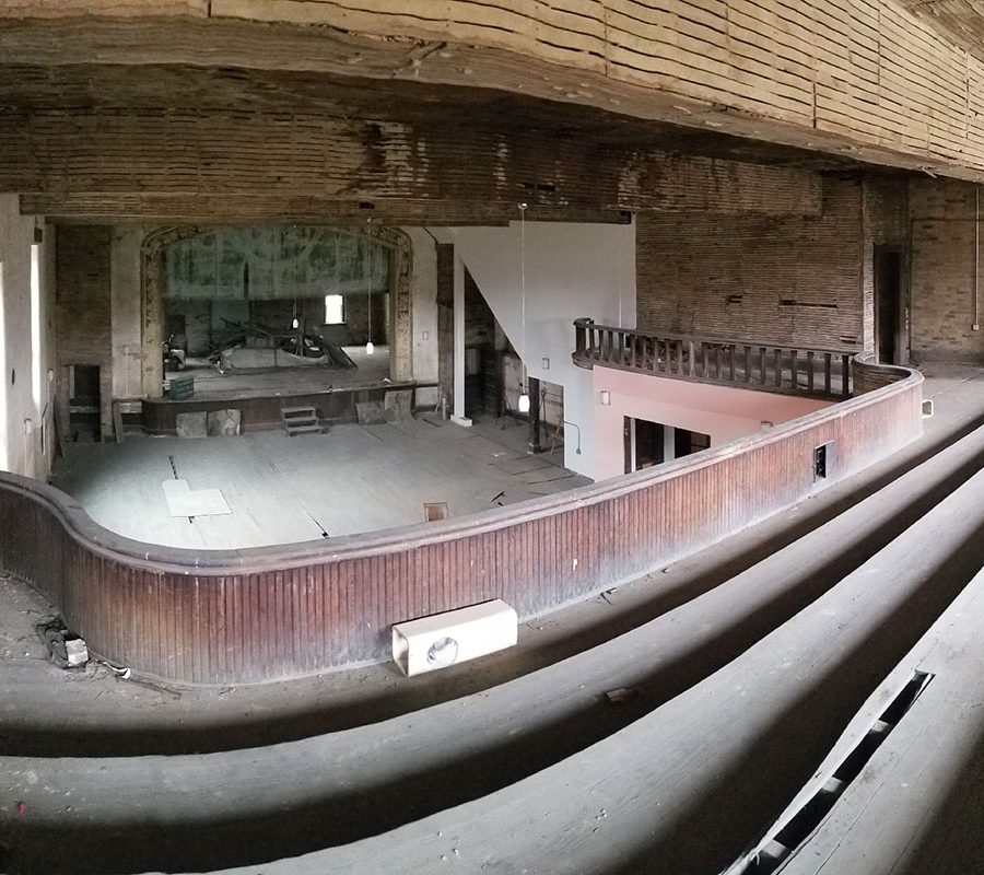 Second floor balcony under renovation at the Tecumseh Theater in Shawnee, Perry County, Ohio.