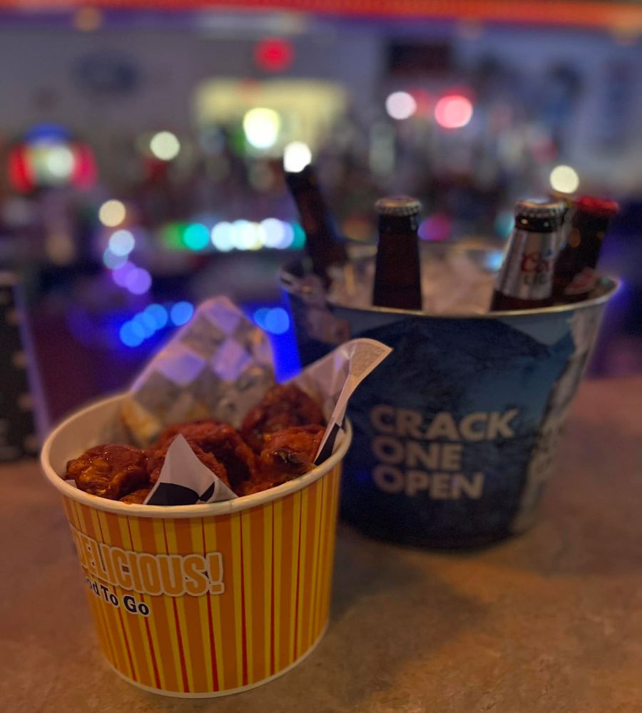 Bucket of wings and bucket of beer at The Hangout in Crooksville, Perry County, Ohio.