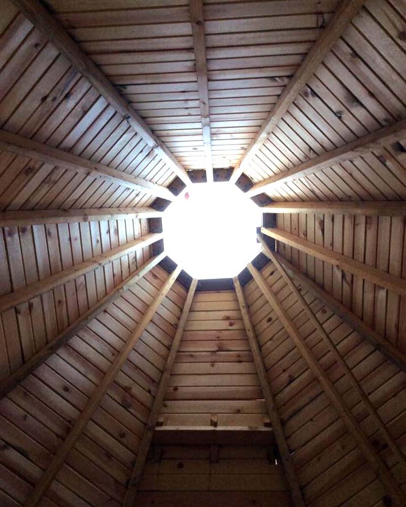 View looking up inside one of the tipis at The Tipis at Timber Ridge in New Straitsville, Perry County, Ohio