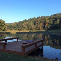 View of the dock and water at The Tipis at Timber Ridge in New Straitsville, Perry County, Ohio