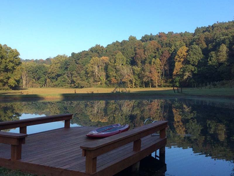 View of the dock and water at The Tipis at Timber Ridge in New Straitsville, Perry County, Ohio