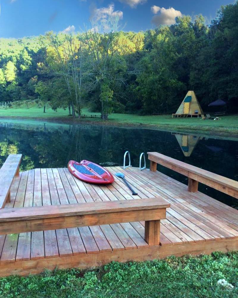 View of the dock and water at The Tipis at Timber Ridge in New Straitsville, Perry County, Ohio