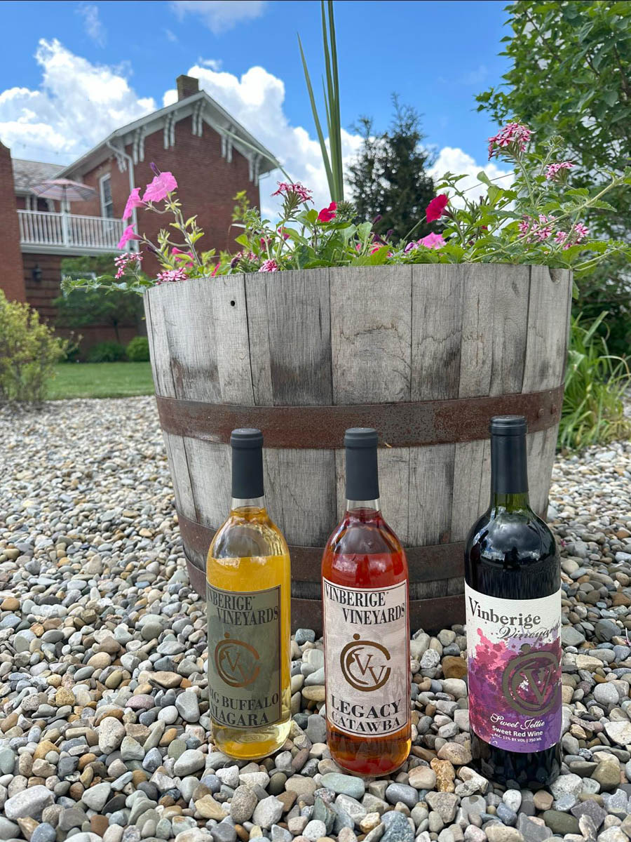 Three bottles of wine served at Vinberige Vineyards in Perry County, Ohio.