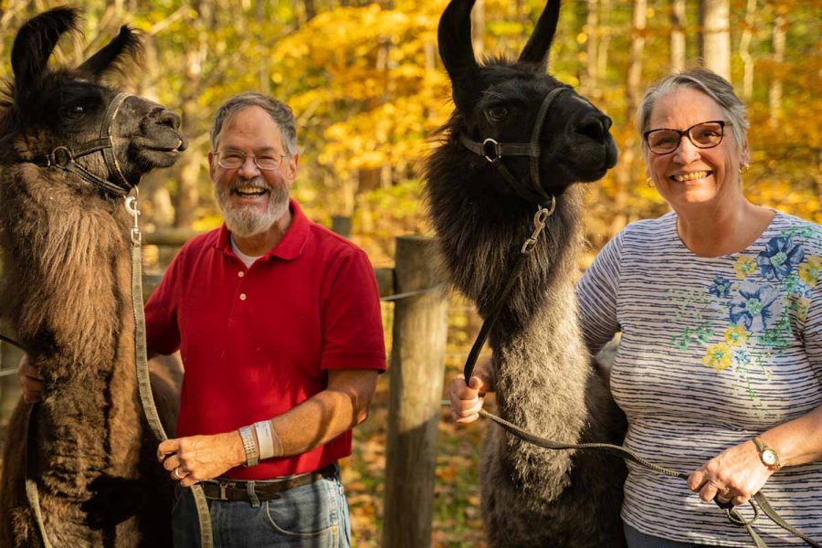 Owners with llamas at the Wildwood Inn, Bed & Breakfast & Llama Farm in New Straitsville, Perry County, Ohio