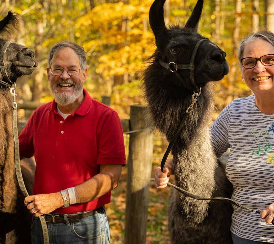 Owners with llamas at the Wildwood Inn, Bed & Breakfast & Llama Farm in New Straitsville, Perry County, Ohio