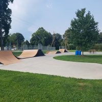 Skateboard park with multiple ramps in park with trees in Roseville, Perry County, Ohio