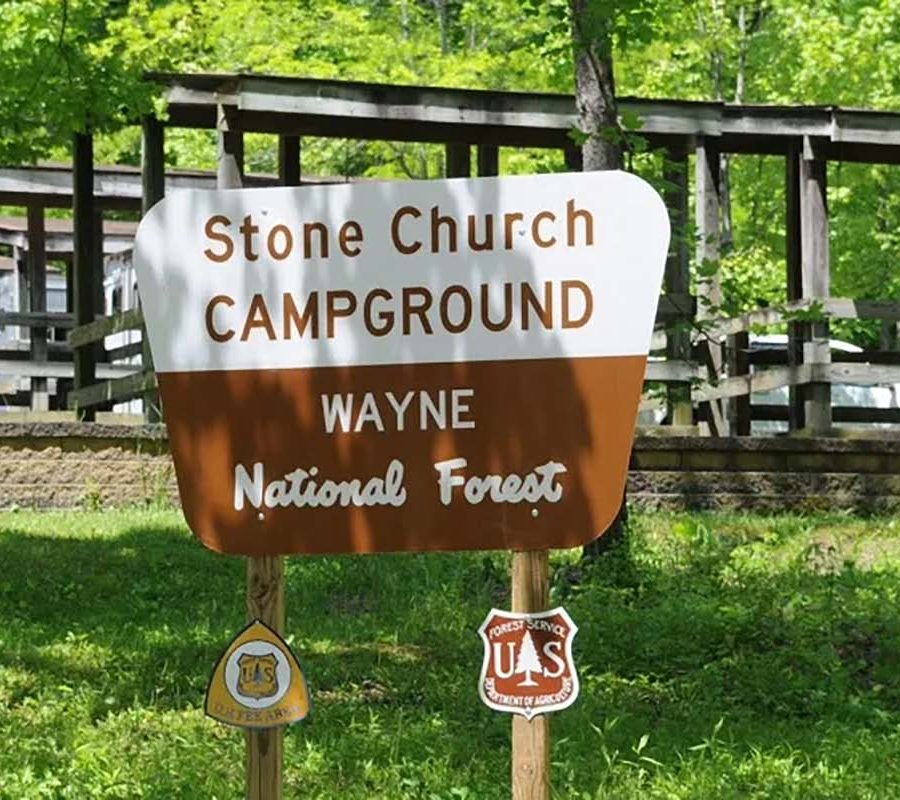 Stone Church Campground sign in Perry County, Ohio