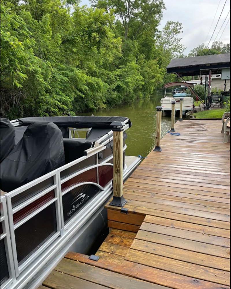 Back dock with boat at Buckeye Lake Retreat lodging in Thornville, Perry County, Ohio