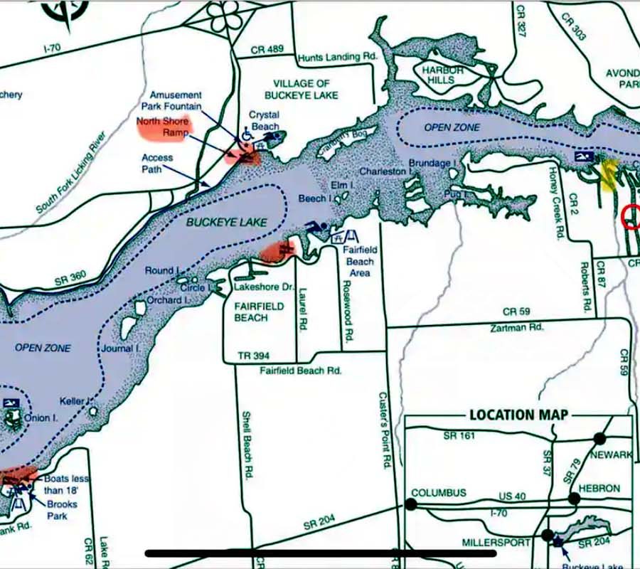 Illustrated map showing location of Buckeye Lake Retreat lodging in Thornville, Perry County, Ohio